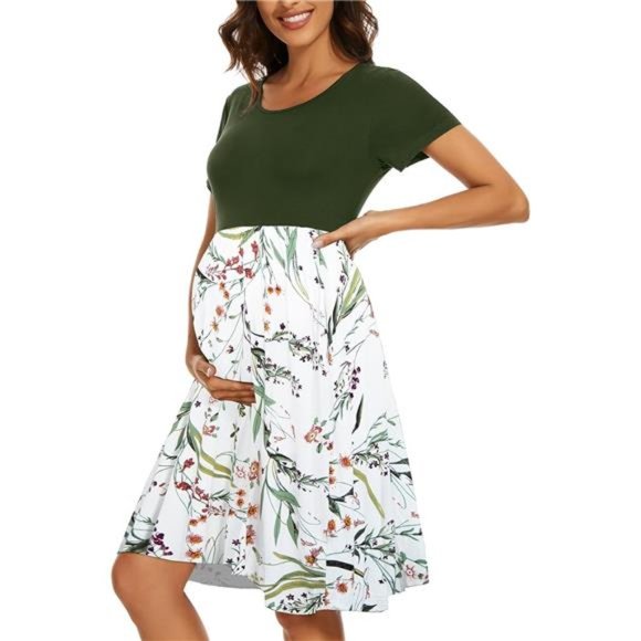 Women's Short Sleeve Maternity Dress Patchwork Pregnancy Clothes with Pockets - Picture 1 of 5